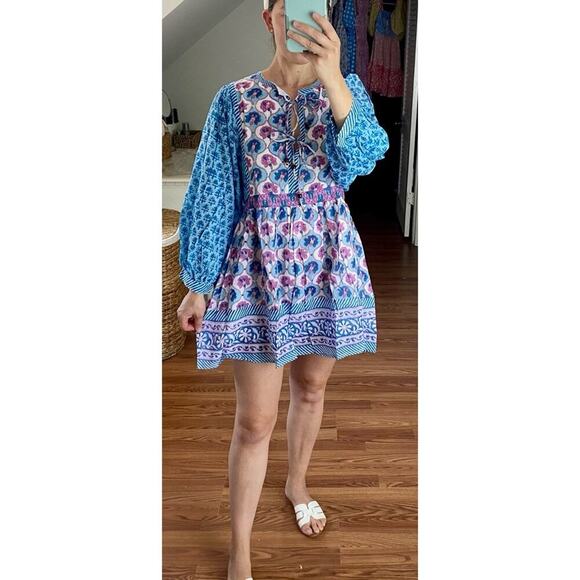 OLIPHANT Tie Front Balloon Sleeve Short Blue Cotton Block Print Dress Tuckernuck - Picture 10 of 16